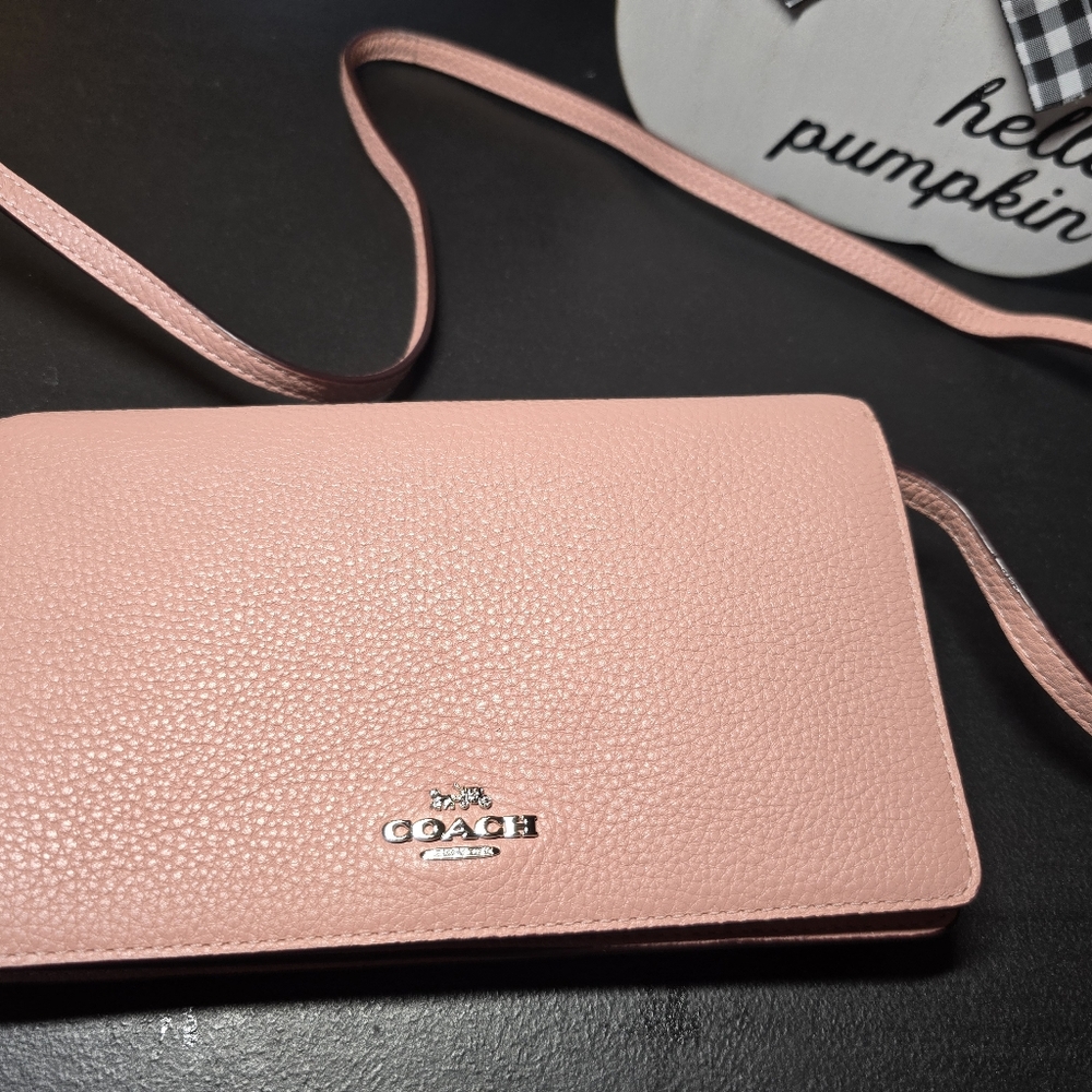 Coach Peachy Pink Pebbled Leather Convertible Crossbody Clutch Bag